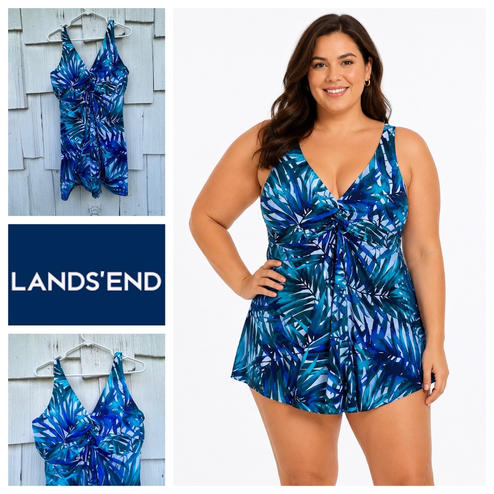 Lands End Blue Tropical Palm Leaf‎ Slender Tummy Control Swim Dress Size 18